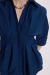 Kadın Regular Fit Klasik Kesim Kısa Kollu Terycotton Kumaş Pileli Lacivert Gömlek