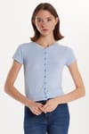 Kadın Slim Fit Dar Kesim Kısa Kollu Bisiklet Yaka Düğmeli Mavi Hırka