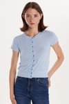 Kadın Slim Fit Dar Kesim Kısa Kollu Bisiklet Yaka Düğmeli Mavi Hırka