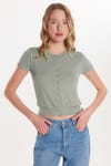 Kadın Slim Fit Dar Kesim Kısa Kollu Bisiklet Yaka Düğmeli Mint Hırka