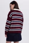 Kadın Regular Fit Klasik Kesim Çizgili Polo Yaka Bordo Kazak