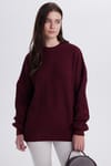 Kadın Oversize Geniş Kesim Örme Detaylı Bisiklet Yaka Bordo Kazak