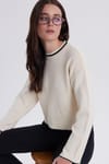 Kadın Oversize Geniş Kesim Bisiklet Yaka Çizgili Beyaz Kazak