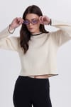 Kadın Oversize Geniş Kesim Bisiklet Yaka Çizgili Beyaz Kazak
