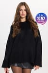 Kadın Oversize Geniş Kesim Bisiklet Yaka Truvakar Kollu Siyah Triko Kazak