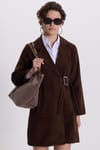 Kadın Regular Fit Klasik Kesim Düğme Kapamalı Çift Cep Önden Bağlamalı Tokalı Kahverengi Kaşe Ceket