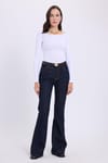 Kadın Slim Fit Dar Kesim Pamuklu Modal Kumaş Uzun Kollu Kayık Yaka Beyaz Bluz
