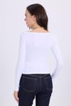 Kadın Slim Fit Dar Kesim Pamuklu Modal Kumaş Uzun Kollu Kayık Yaka Beyaz Bluz