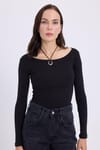 Kadın Slim Fit Dar Kesim Pamuklu Modal Kumaş Uzun Kollu Kayık Yaka Siyah Bluz