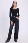 Kadın Slim Fit Dar Kesim Pamuklu Modal Kumaş Uzun Kollu Kayık Yaka Siyah Bluz