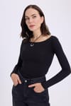 Kadın Slim Fit Dar Kesim Pamuklu Modal Kumaş Uzun Kollu Kayık Yaka Siyah Bluz