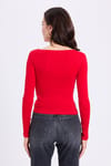 Kadın Slim Fit Dar Kesim Pamuklu Modal Kumaş Uzun Kollu Kayık Yaka Kırmızı Bluz