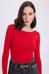 Kadın Slim Fit Dar Kesim Pamuklu Modal Kumaş Uzun Kollu Kayık Yaka Kırmızı Bluz