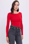Kadın Slim Fit Dar Kesim Pamuklu Modal Kumaş Uzun Kollu Kayık Yaka Kırmızı Bluz