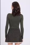Kadın Slim Fit Dar Kesim Pamuklu Modal Kumaş Uzun Kollu Kayık Yaka Haki Bluz