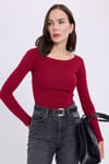 Kadın Slim Fit Dar Kesim Pamuklu Modal Kumaş Uzun Kollu Kayık Yaka Koyu Bordo Bluz