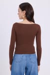Kadın Slim Fit Dar Kesim Pamuklu Modal Kumaş Uzun Kollu Kayık Yaka Koyu Kahve Bluz