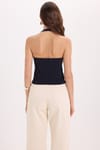 Kadın Slim Fit Dar Kesim Pamuklu Halter Yaka Kaşkorse Lacivert Crop