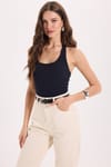 Kadın Slim Fit Dar Kesim Pamuklu Halter Yaka Kaşkorse Lacivert Crop
