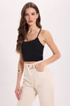 Kadın Slim Fit Dar Kesim Pamuklu İnce Askılı Siyah Crop Atlet