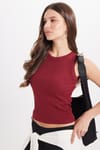 Kadın Slim Fit Dar Kesim Pamuklu Askılı Bisiklet Yaka Bordo Crop Atlet