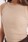 Kadın Slim Fit Dar Kesim Pamuklu Askılı Bisiklet Yaka Vizon Crop Atlet