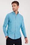 Erkek Slim Fit Dar Kesim Uzun Kollu Pamuklu Oxford Doku Turkuaz Düğmeli Yaka Gömlek