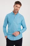 Erkek Slim Fit Dar Kesim Uzun Kollu Pamuklu Oxford Doku Turkuaz Düğmeli Yaka Gömlek