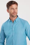 Erkek Slim Fit Dar Kesim Uzun Kollu Pamuklu Oxford Doku Turkuaz Düğmeli Yaka Gömlek
