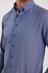 Erkek Slim Fit Dar Kesim Uzun Kollu Pamuklu Oxford Doku Lacivert Düğmeli Yaka Gömlek