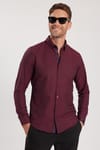 Erkek Slim Fit Dar Kesim Uzun Kollu Pamuklu Oxford Doku Kolay Ütülenebilir Bordo Düğmeli Yaka Gömlek