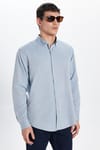 Erkek Slim Fit Dar Kesim Uzun Kollu Pamuklu Oxford Doku Kolay Ütülenebilir Gri Düğmeli Yaka Gömlek