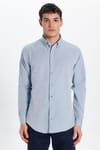 Erkek Slim Fit Dar Kesim Uzun Kollu Pamuklu Oxford Doku Kolay Ütülenebilir Mavi Düğmeli Yaka Gömlek