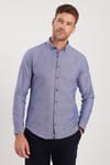 Erkek Slim Fit Dar Kesim Uzun Kollu Pamuklu Oxford Doku Lacivert Düğmeli Yaka Gömlek