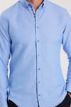 Erkek Slim Fit Dar Kesim Uzun Kollu Pamuklu Oxford Doku Kolay Ütülenebilir Mavi Düğmeli Yaka Gömlek