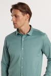 Slim Fit Uzun Kollu Likralı Düz Pamuk Saten Erkek Yeşil Gömlek