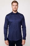 Slim Fit Likralı Düz Pamuk Saten Erkek Lacivert Gömlek