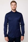 Slim Fit Likralı Düz Pamuk Saten Erkek Lacivert Gömlek