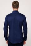 Slim Fit Likralı Düz Pamuk Saten Erkek Lacivert Gömlek