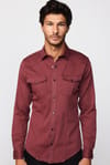 Slim Fit Gündelik Denim Bordo Erkek Gömlek