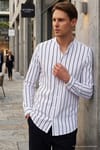 Slim Fit Uzun Kollu Hakim Yaka Pamuklu Kolay Ütü Çizgili Erkek Beyaz Gömlek