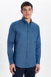 Erkek Slim Fit Dar Kesim Uzun Kollu Pamuklu Oxford Doku Petrol Renk Düğmeli Yaka Gömlek