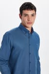 Erkek Slim Fit Dar Kesim Uzun Kollu Pamuklu Oxford Doku Petrol Renk Düğmeli Yaka Gömlek
