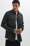 Slim Fit Uzun Kollu Spor Yaka Yıkamalı Çift Cepli Armürlü Denim Kot Erkek Haki Gömlek