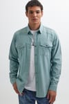 Slim Fit Uzun Kollu Spor Yaka Yıkamalı Çift Cepli Armürlü Denim Kot Mint Erkek Gömlek