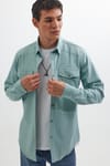 Slim Fit Uzun Kollu Spor Yaka Yıkamalı Çift Cepli Armürlü Denim Kot Mint Erkek Gömlek