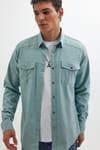 Slim Fit Uzun Kollu Spor Yaka Yıkamalı Çift Cepli Armürlü Denim Kot Mint Erkek Gömlek