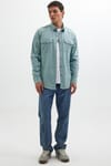 Slim Fit Uzun Kollu Spor Yaka Yıkamalı Çift Cepli Armürlü Denim Kot Mint Erkek Gömlek