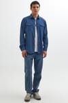 Slim Fit Uzun Kollu Spor Yaka Yıkamalı Çift Cepli Armürlü Denim Kot İndigo Erkek Gömlek