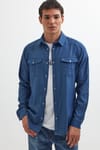 Slim Fit Uzun Kollu Spor Yaka Yıkamalı Çift Cepli Armürlü Denim Kot İndigo Erkek Gömlek
